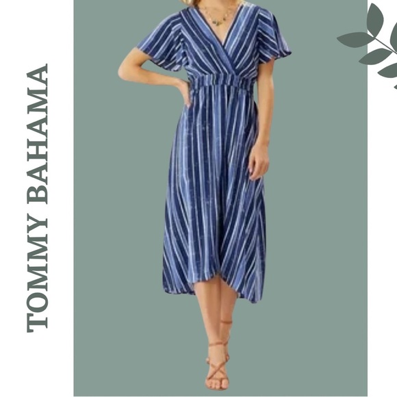 Tommy Bahama Striped Rayon Dress Island Navy White V-Neck High Low
Extra Small - Picture 1 of 9